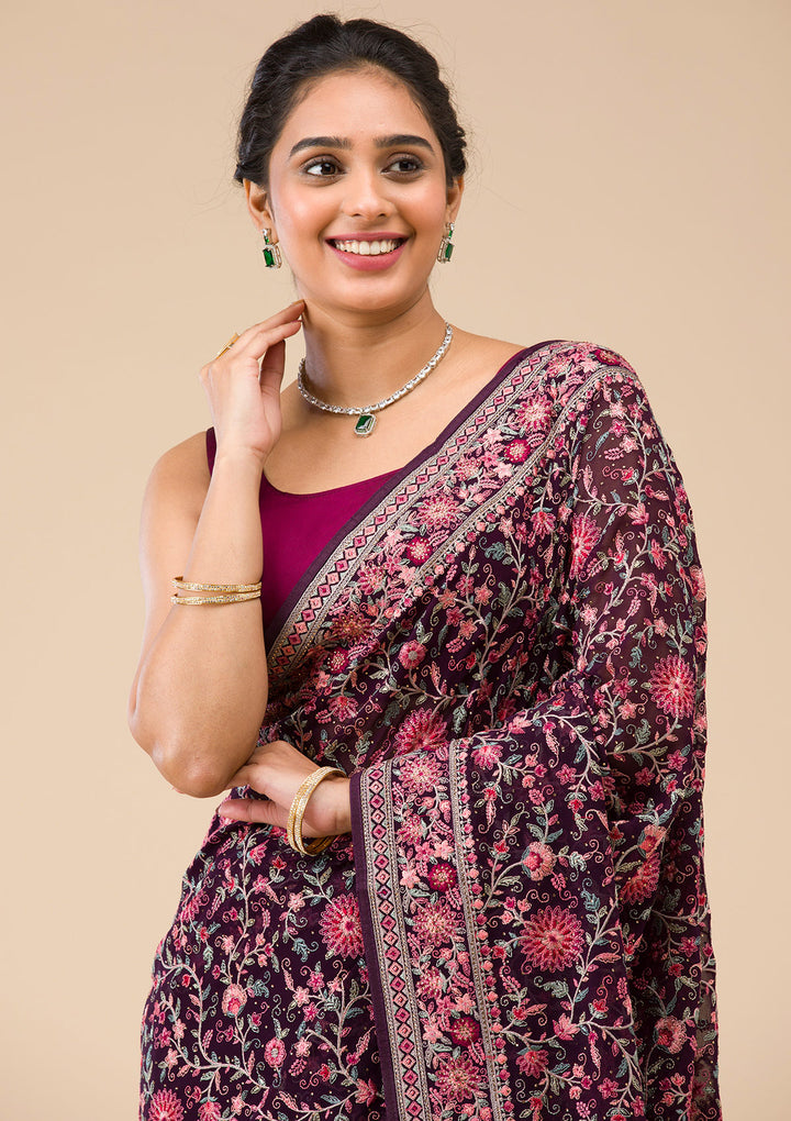Wine Threadwork Georgette Saree