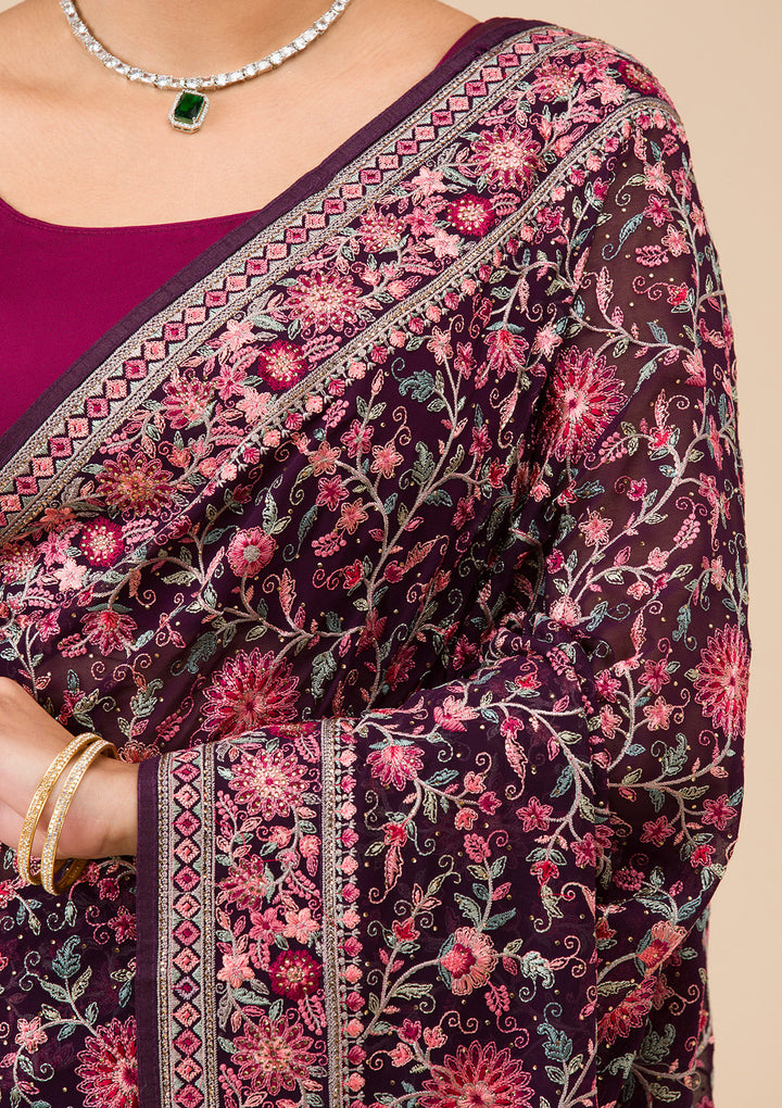 Wine Threadwork Georgette Saree