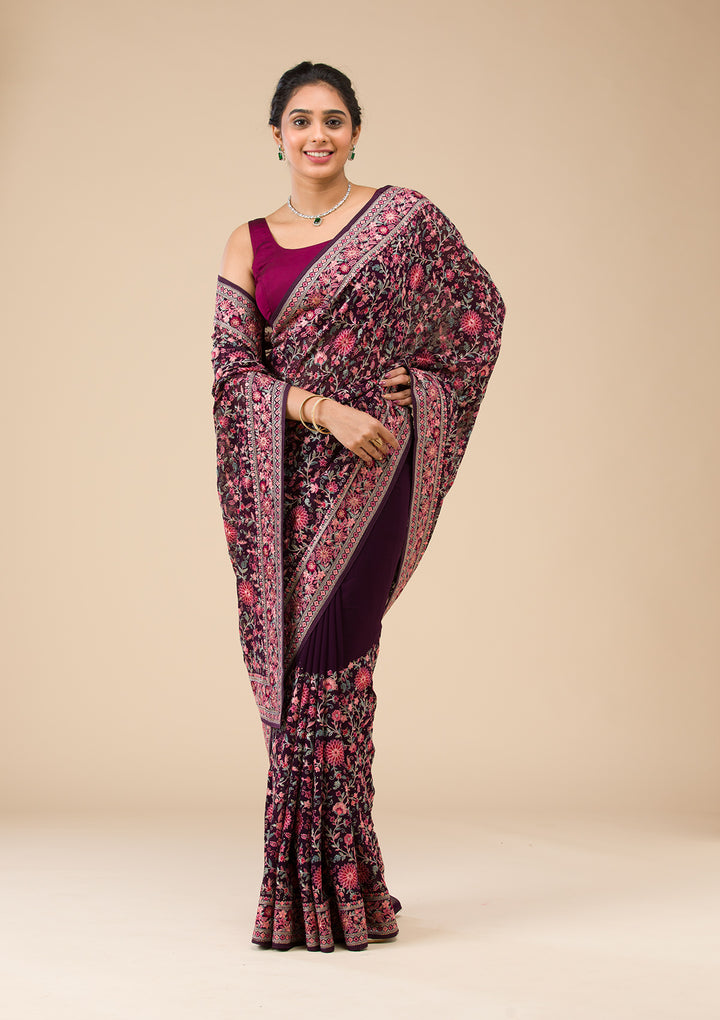 Wine Threadwork Georgette Saree
