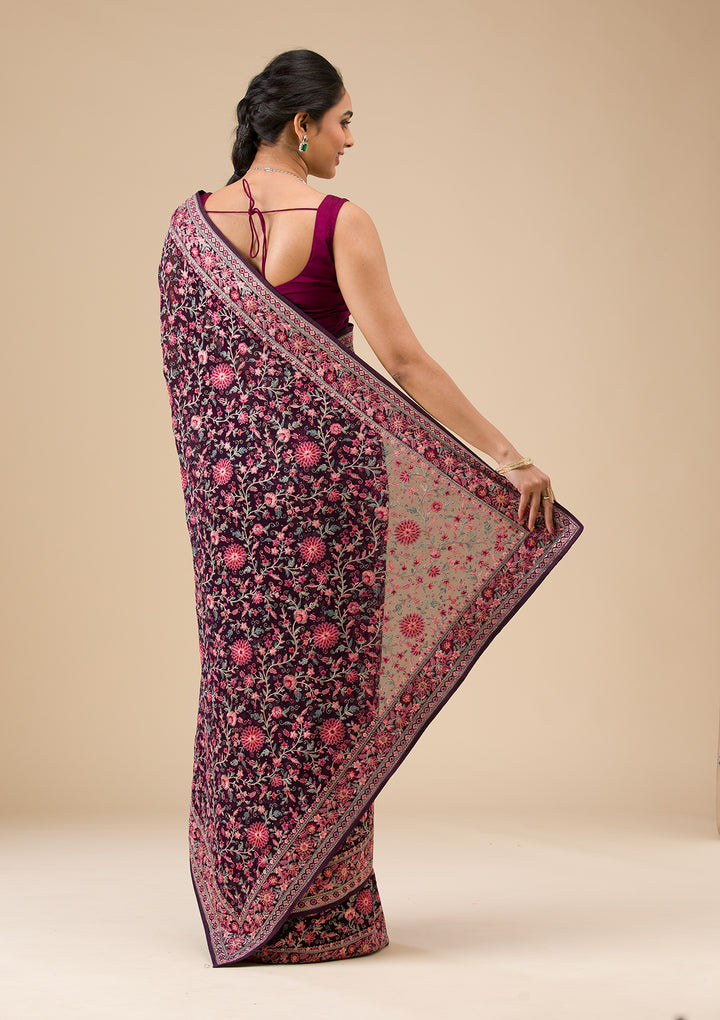 Wine Threadwork Georgette Saree