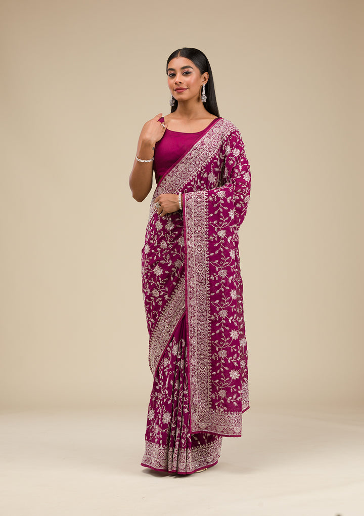Wine Threadwork Georgette Saree