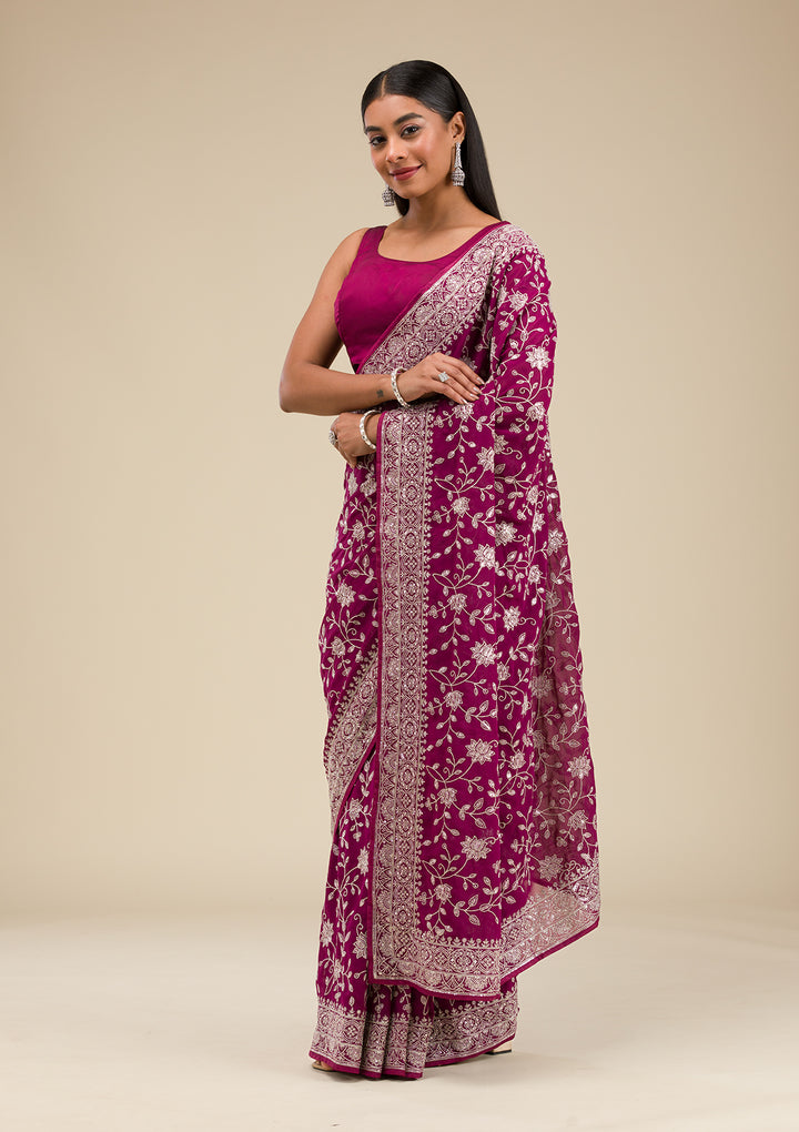 Wine Threadwork Georgette Saree