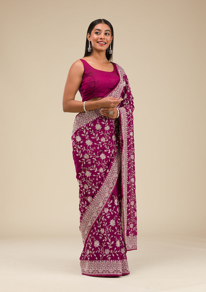 Wine Threadwork Georgette Saree