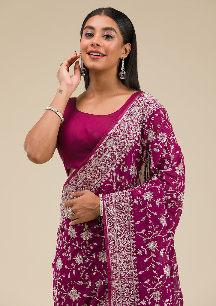 Wine Threadwork Georgette Saree