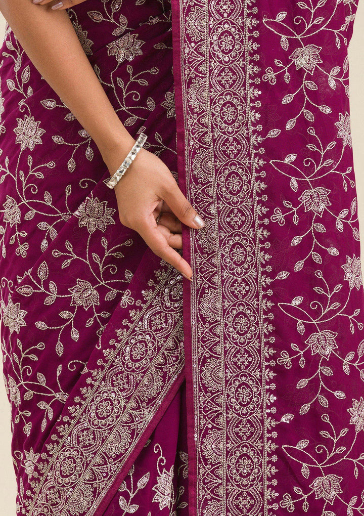 Wine Threadwork Georgette Saree