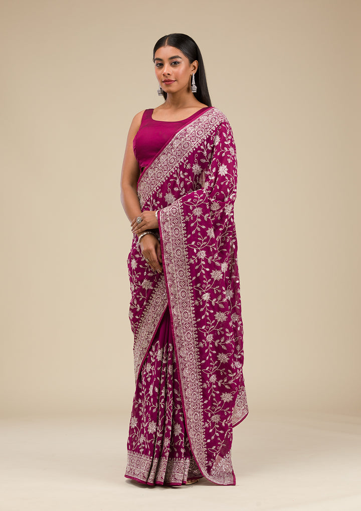 Wine Threadwork Georgette Saree