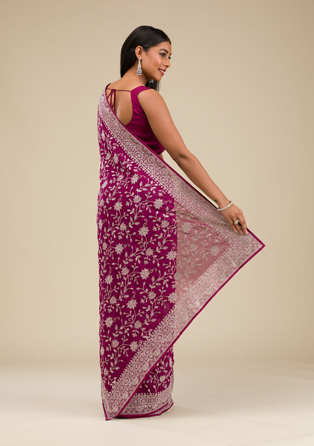 Wine Threadwork Georgette Saree