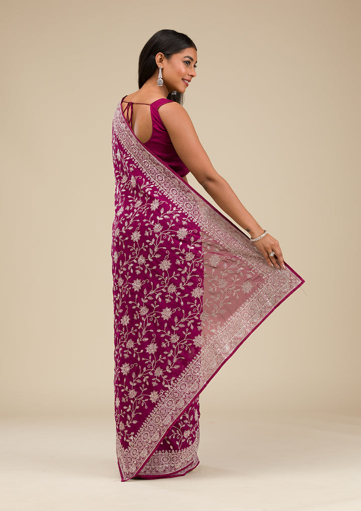 Wine Threadwork Georgette Saree