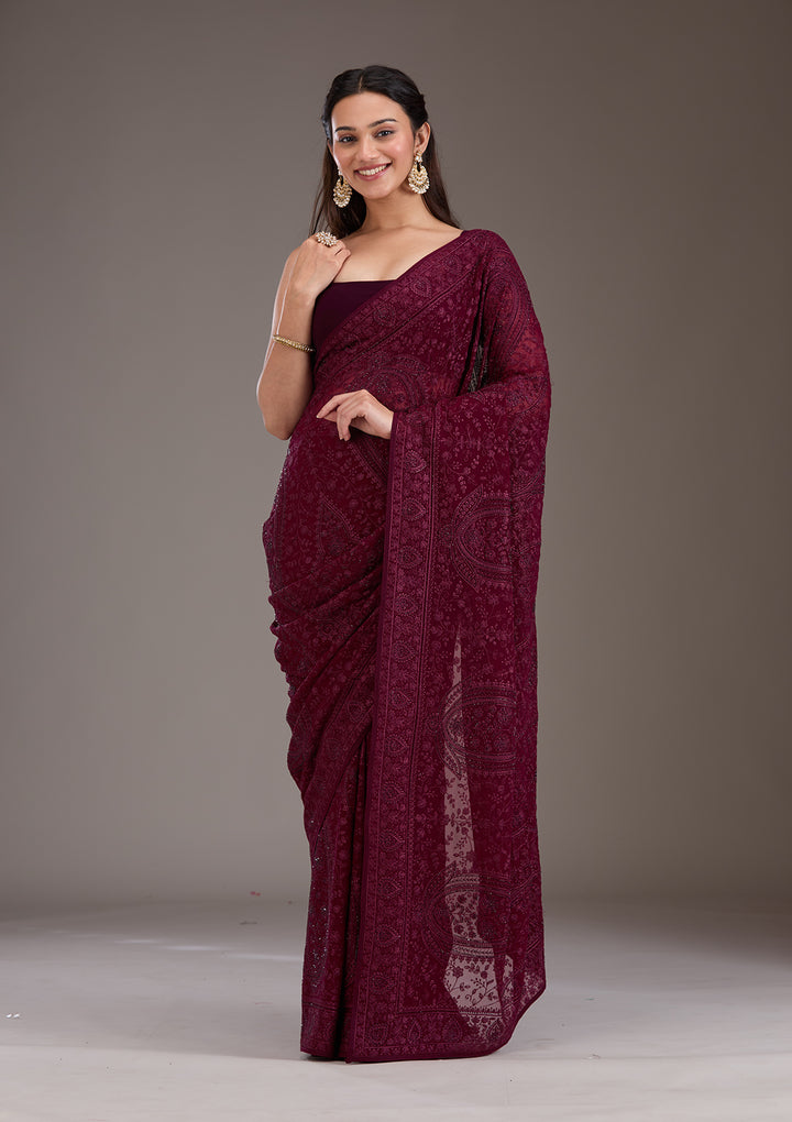 Wine Threadwork Georgette Saree