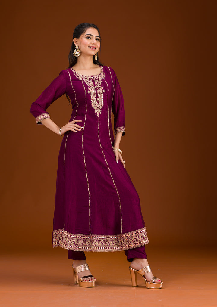 Wine Threadwork Raw Silk Readymade Salwar Suit