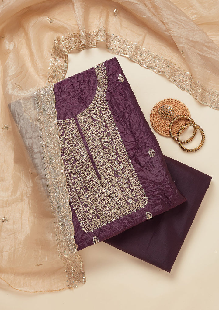 Wine Threadwork Semi Crepe Unstitched Salwar Suit
