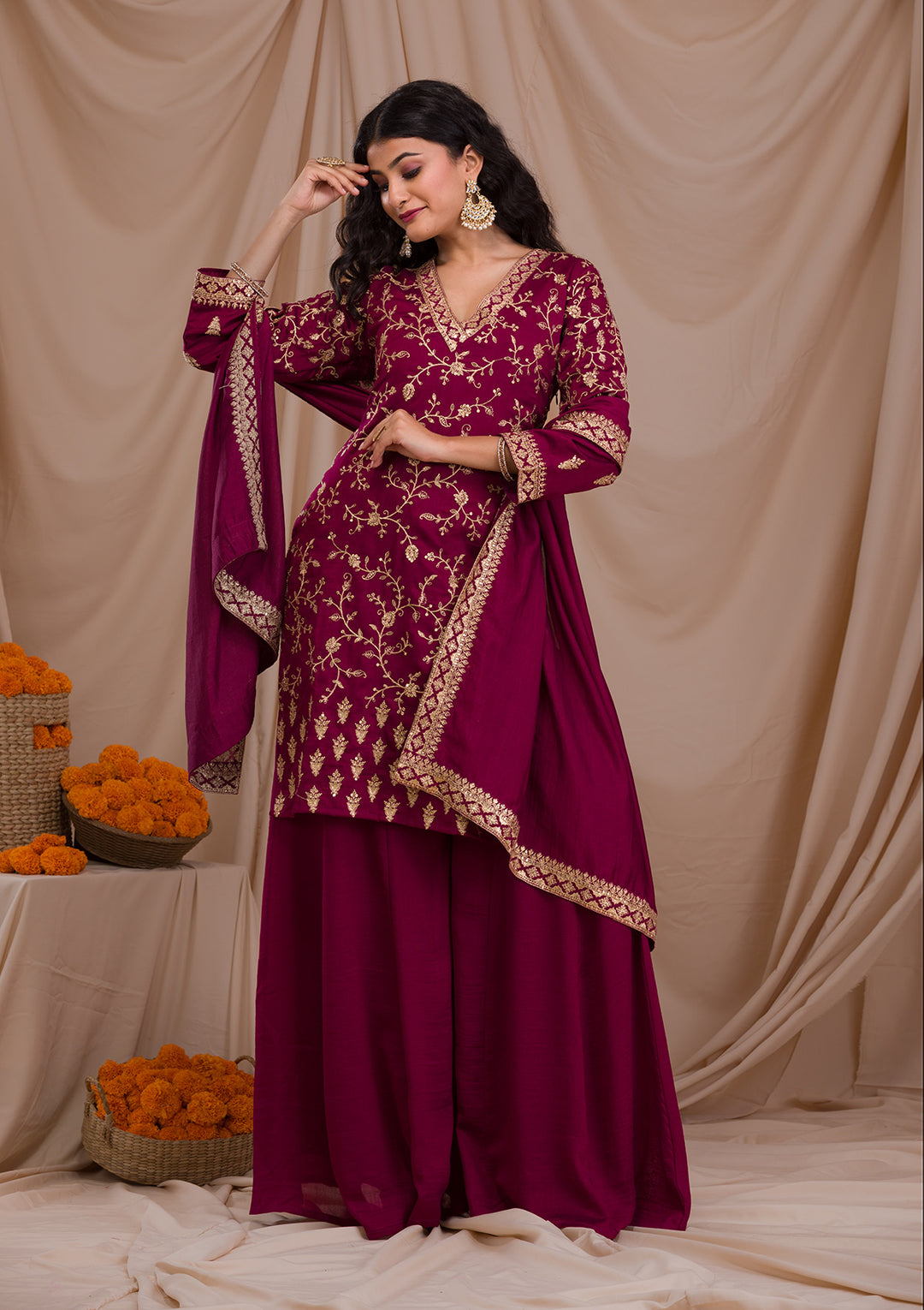 Wine Zariwork Art Silk Readymade Salwar Suit-Koskii