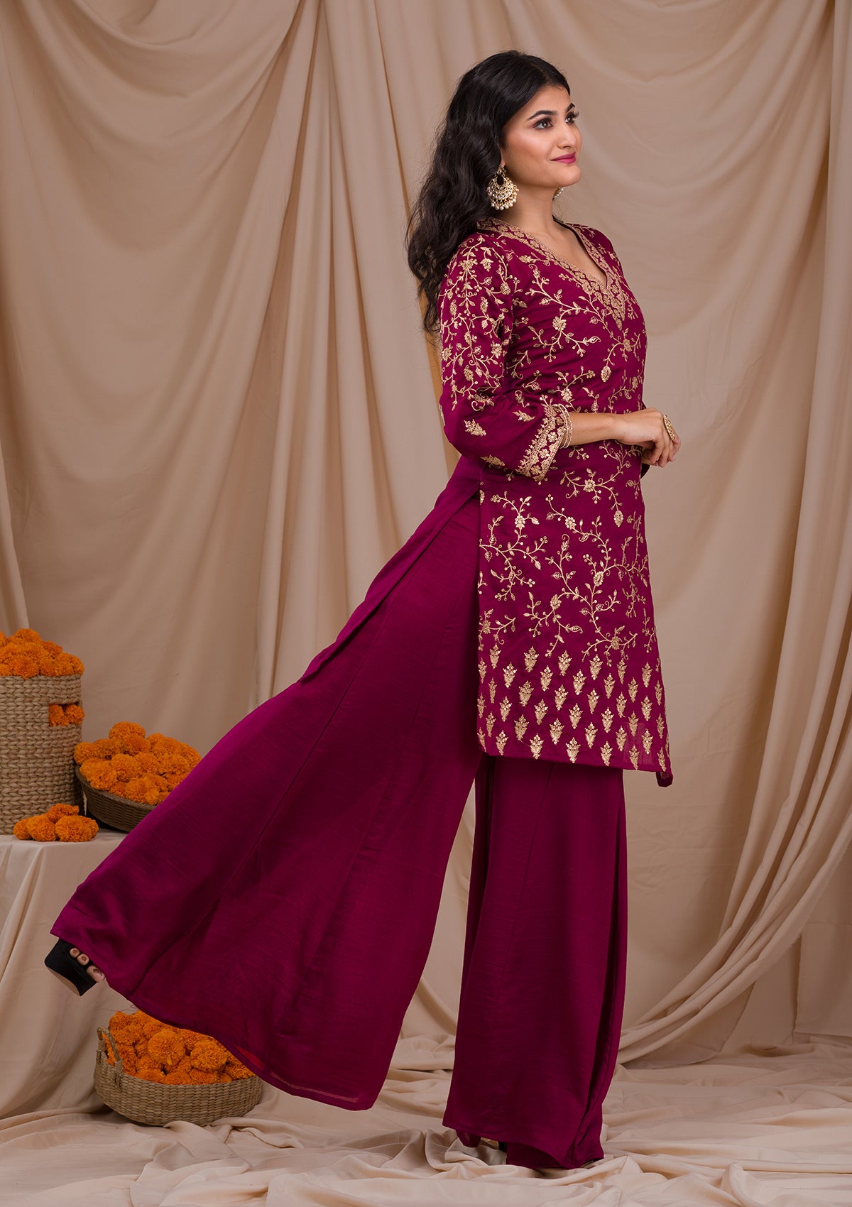 Wine Zariwork Art Silk Readymade Salwar Suit-Koskii