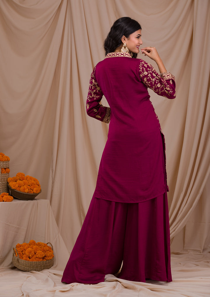 Wine Zariwork Art Silk Readymade Sharara Suit