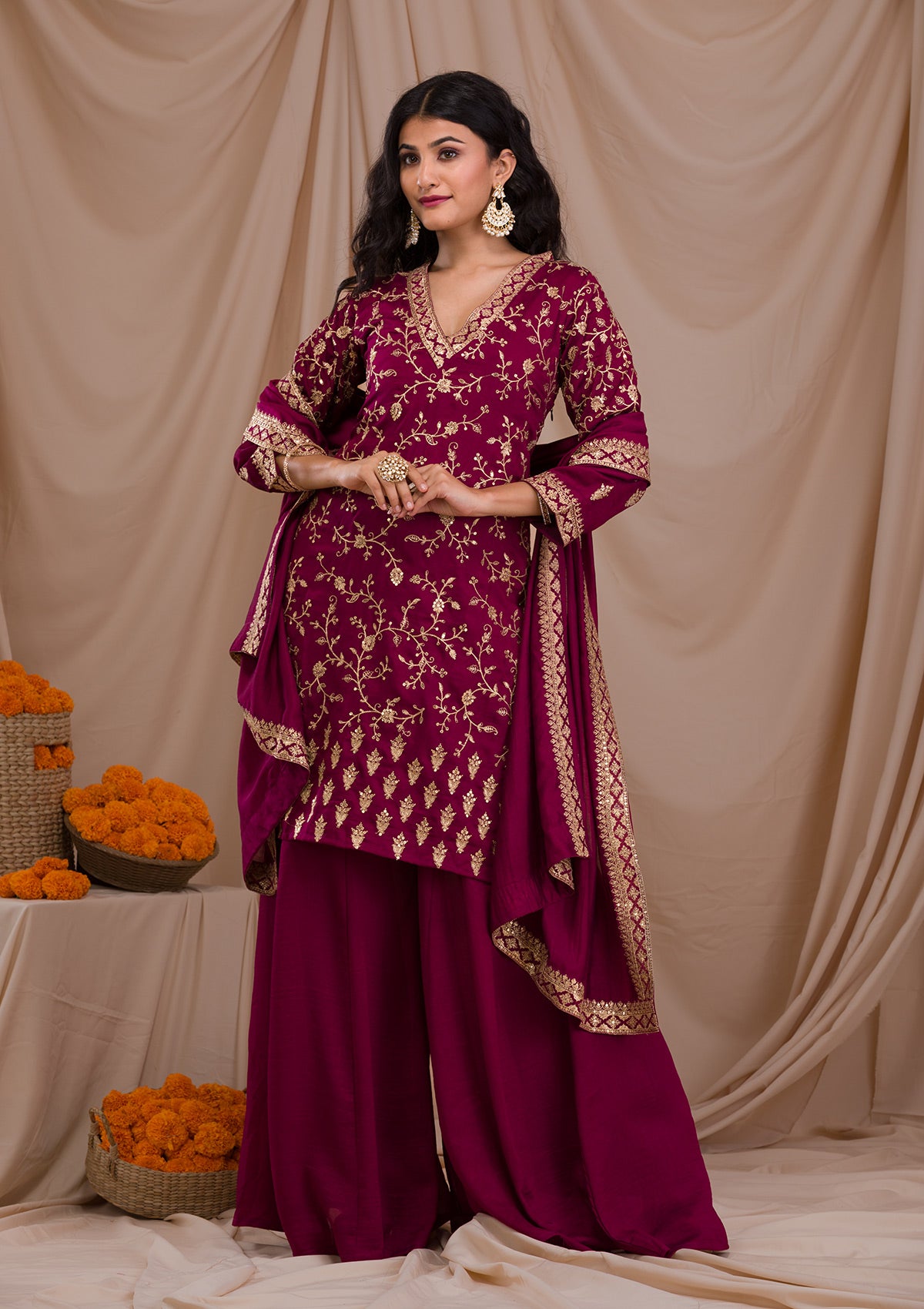 Wine Zariwork Art Silk Readymade Salwar Suit-Koskii
