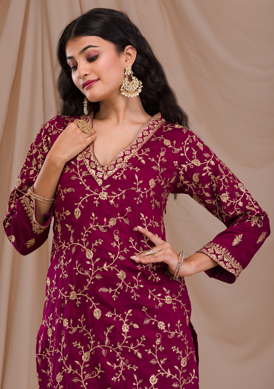 Wine Zariwork Art Silk Readymade Salwar Suit-Koskii