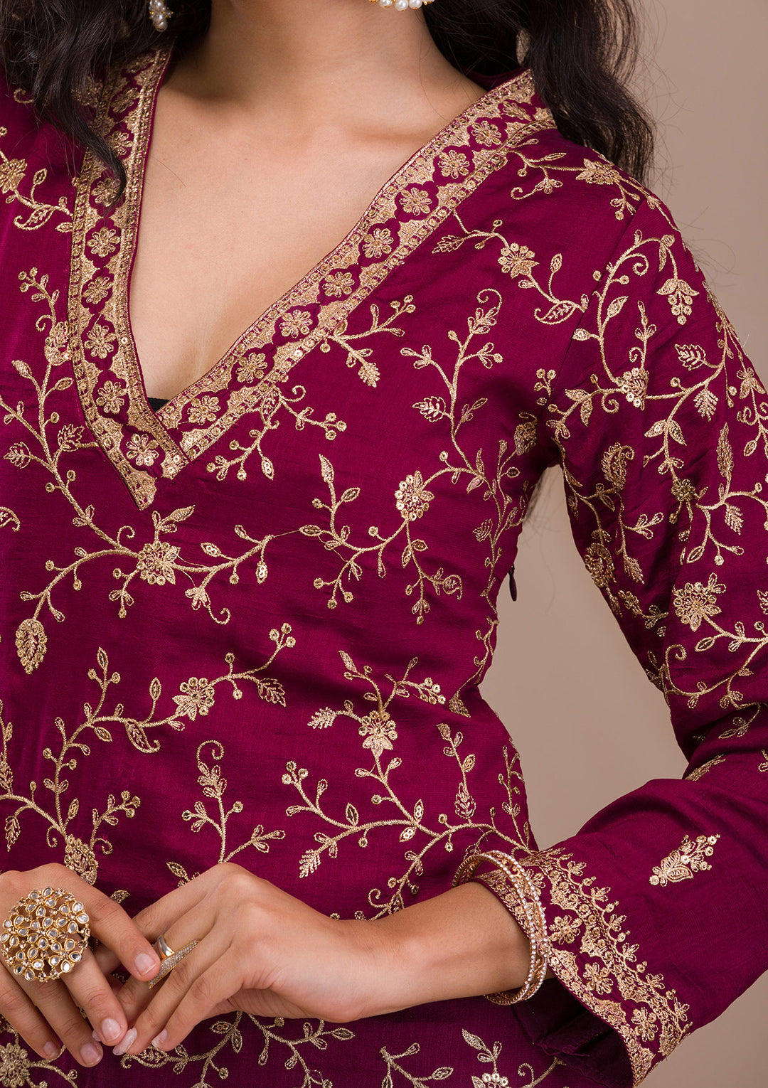 Wine Zariwork Art Silk Readymade Sharara Suit