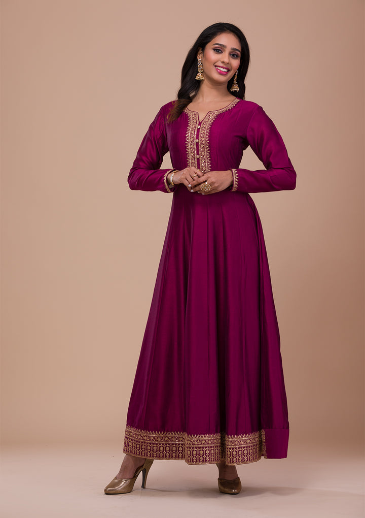 Wine Zariwork Art Silk Readymade Anarkali Suit