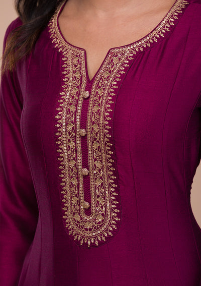 Wine Zariwork Art Silk Readymade Anarkali Suit