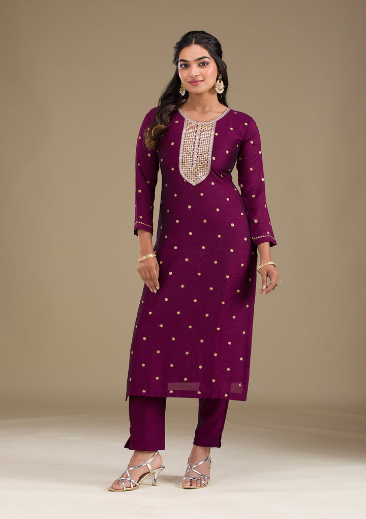 Wine Zariwork Art Silk Readymade Salwar Suit