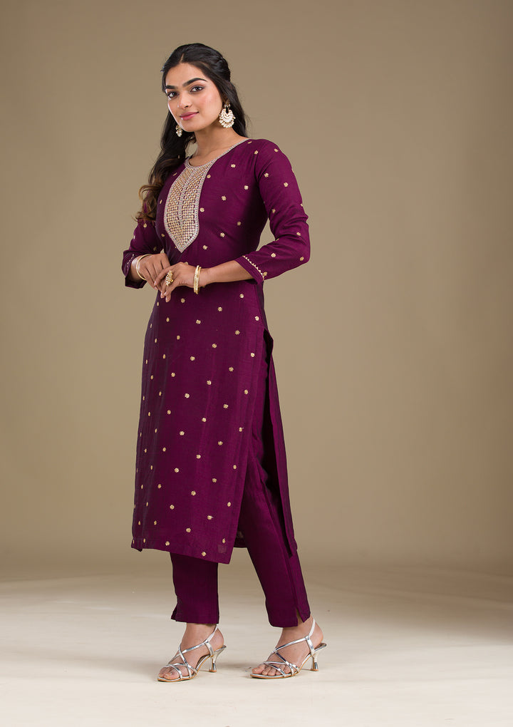 Wine Zariwork Art Silk Readymade Salwar Suit