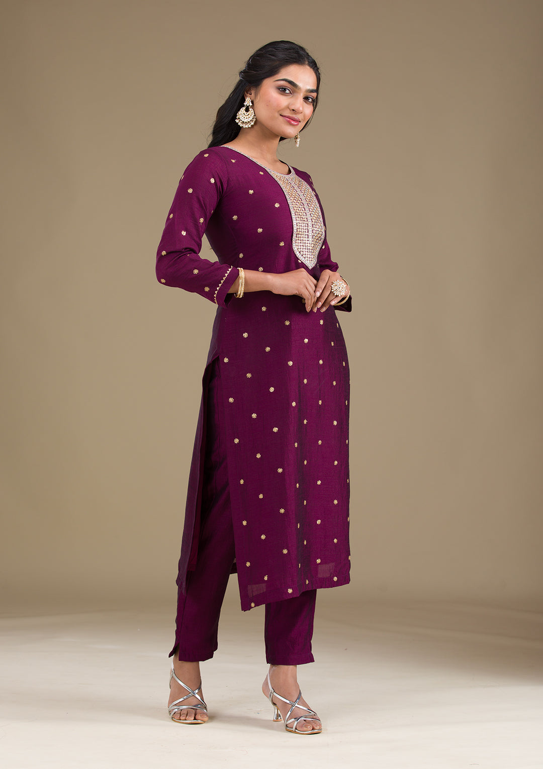 Wine Zariwork Art Silk Readymade Salwar Suit