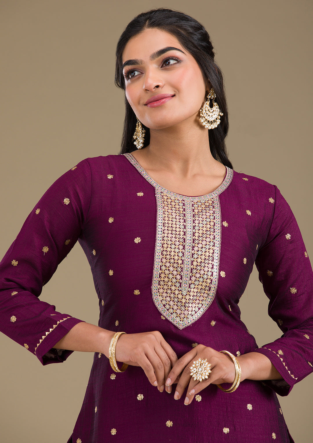 Wine Zariwork Art Silk Readymade Salwar Suit