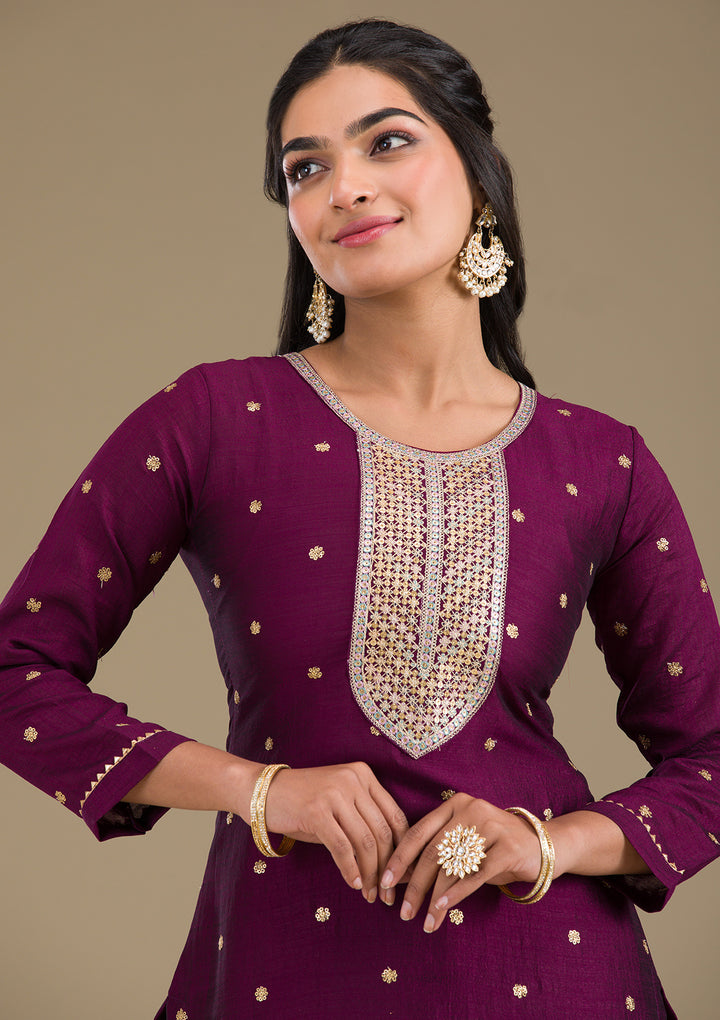 Wine Zariwork Art Silk Readymade Salwar Suit