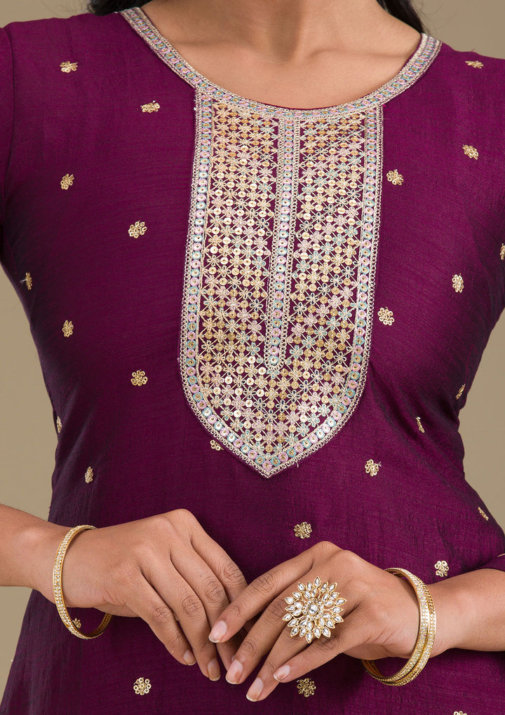 Wine Zariwork Art Silk Readymade Salwar Suit