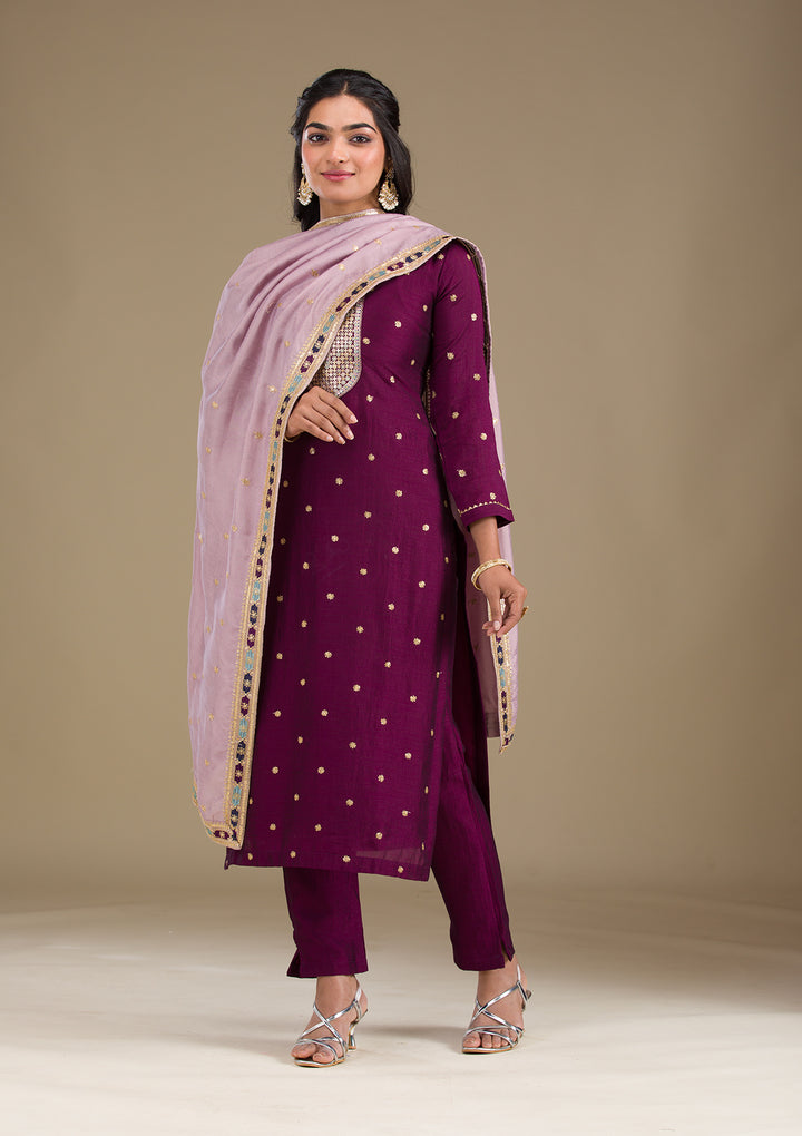 Wine Zariwork Art Silk Readymade Salwar Suit