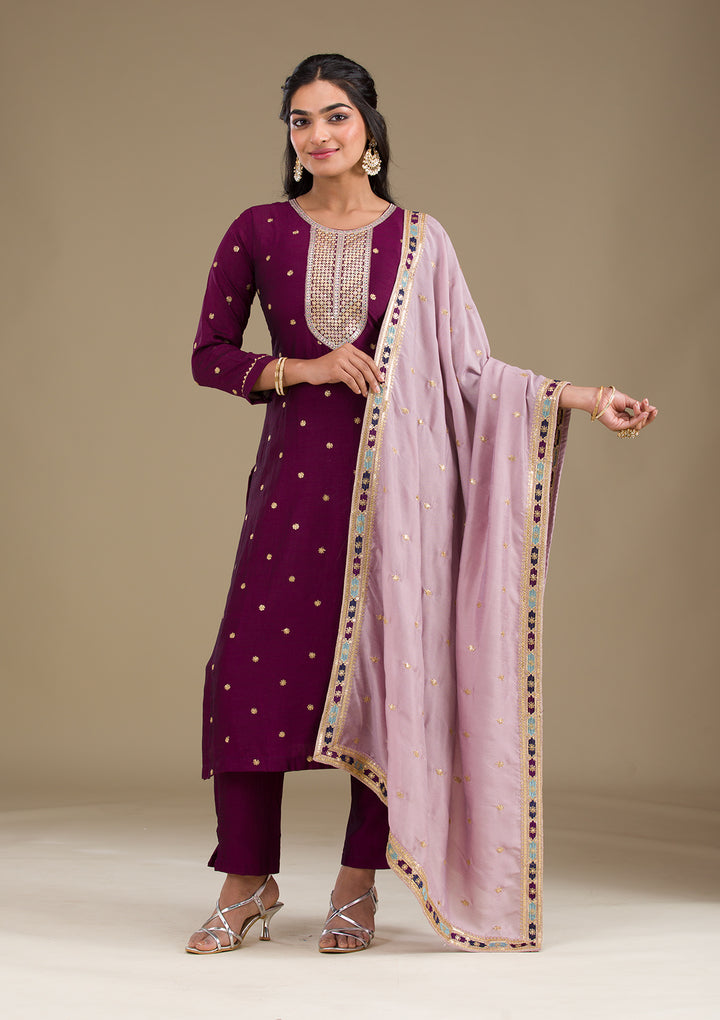 Wine Zariwork Art Silk Readymade Salwar Suit