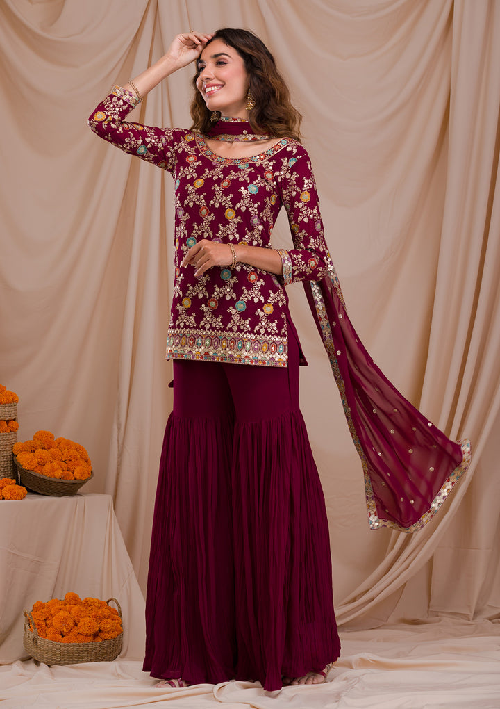 Wine Zariwork Georgette Readymade Salwar Suit-Koskii