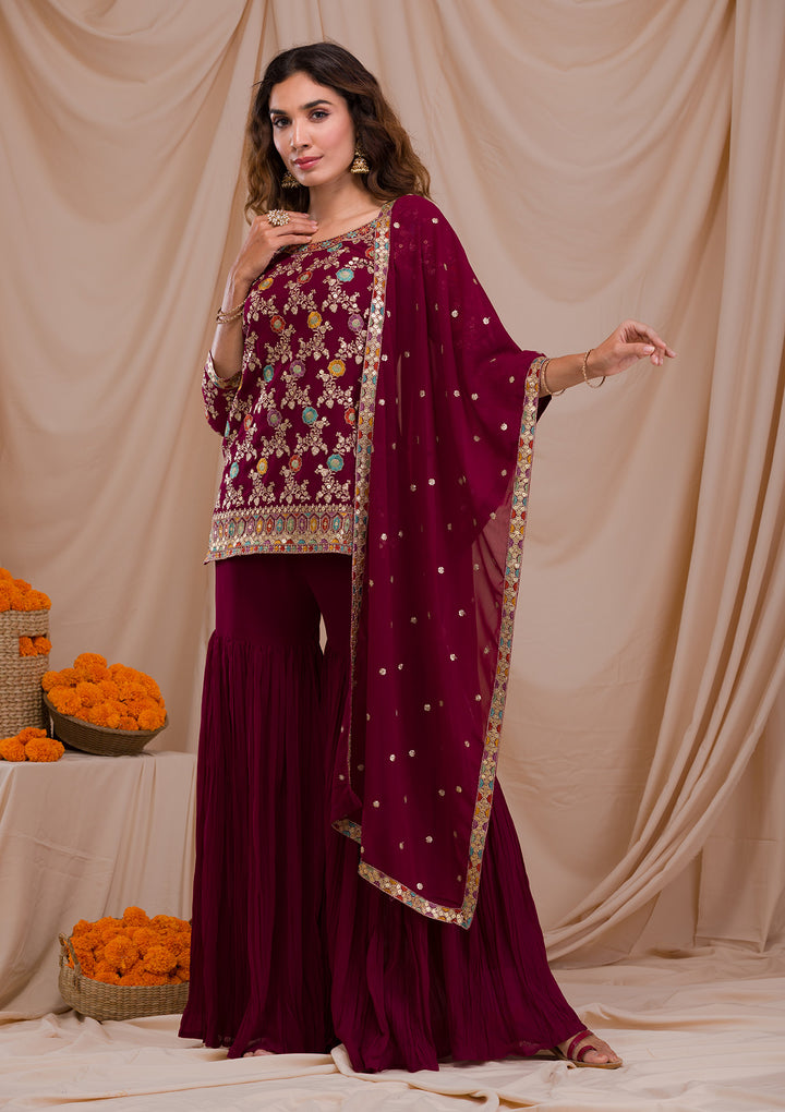 Wine Zariwork Georgette Readymade Salwar Suit-Koskii