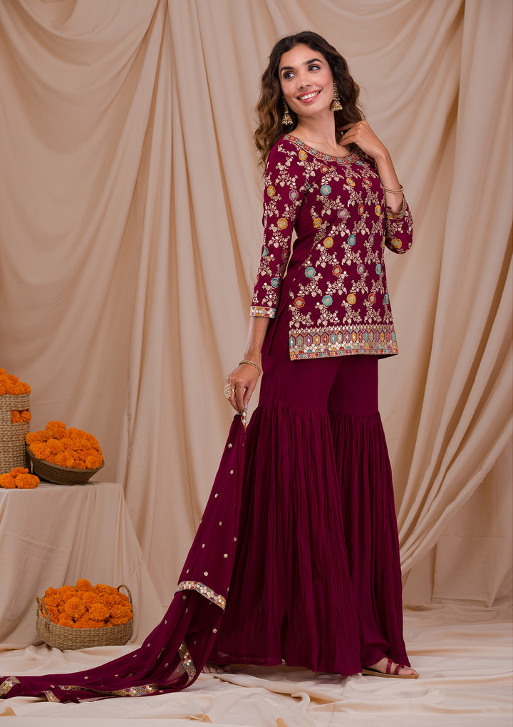 Wine Zariwork Georgette Readymade Salwar Suit-Koskii