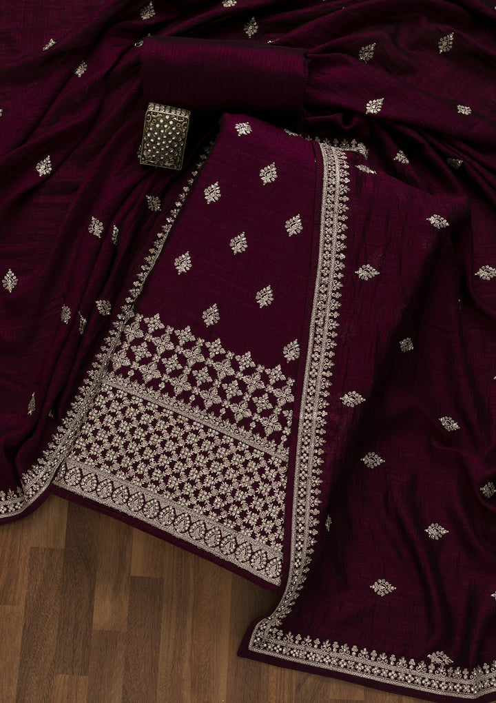 Wine Zariwork Georgette Unstitched Salwar Suit-Koskii
