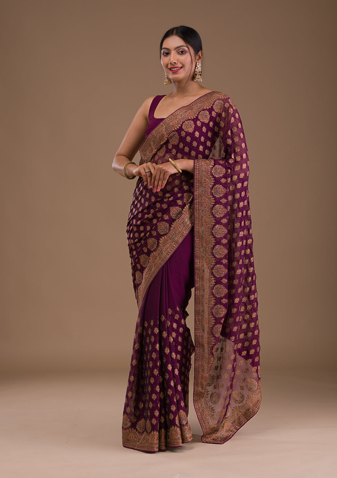 Wine Zariwork Georgette Saree