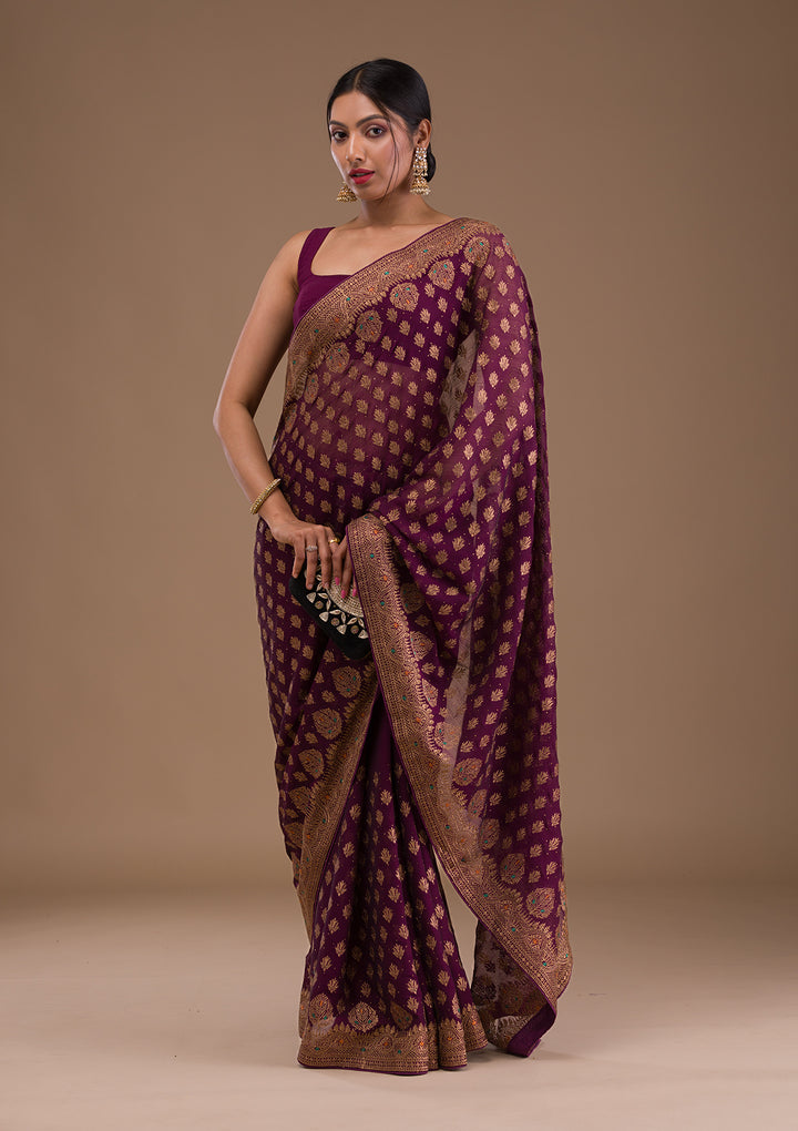 Wine Zariwork Georgette Saree