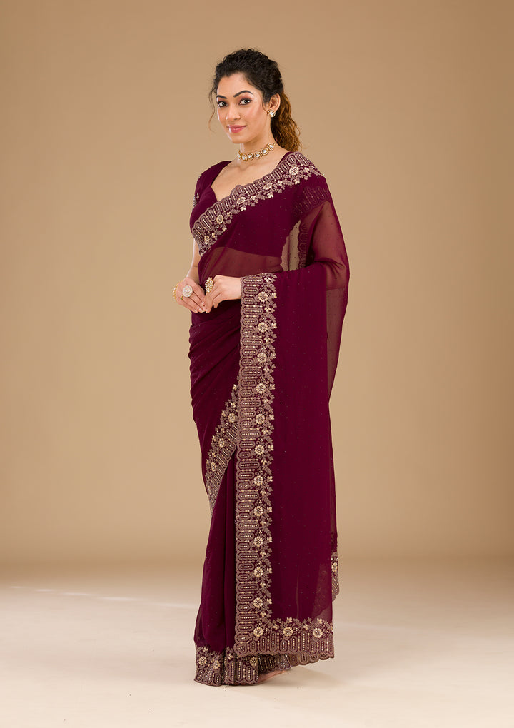 Wine Zariwork Georgette Saree-Koskii