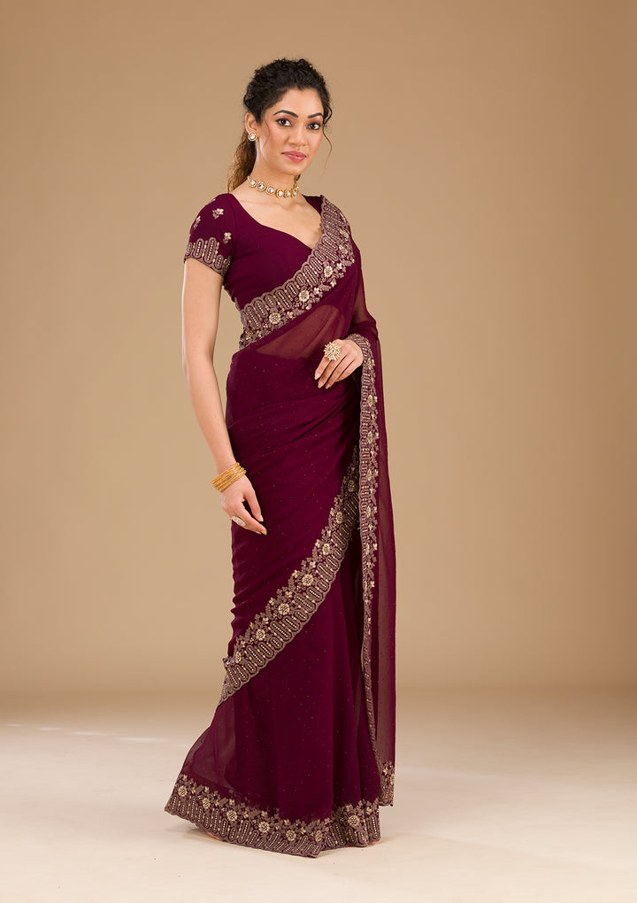 Wine Zariwork Georgette Saree-Koskii
