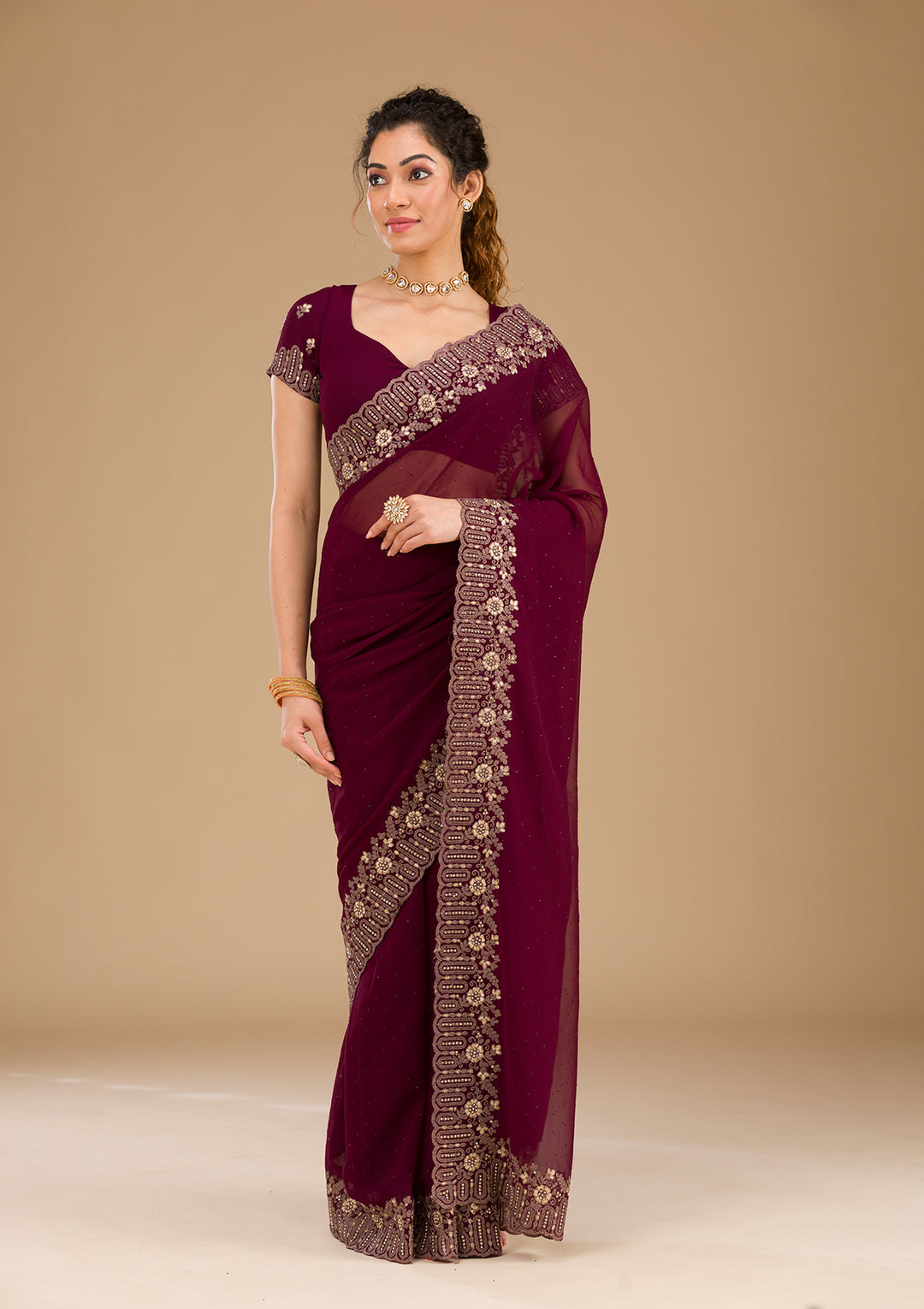 Wine Zariwork Georgette Saree-Koskii