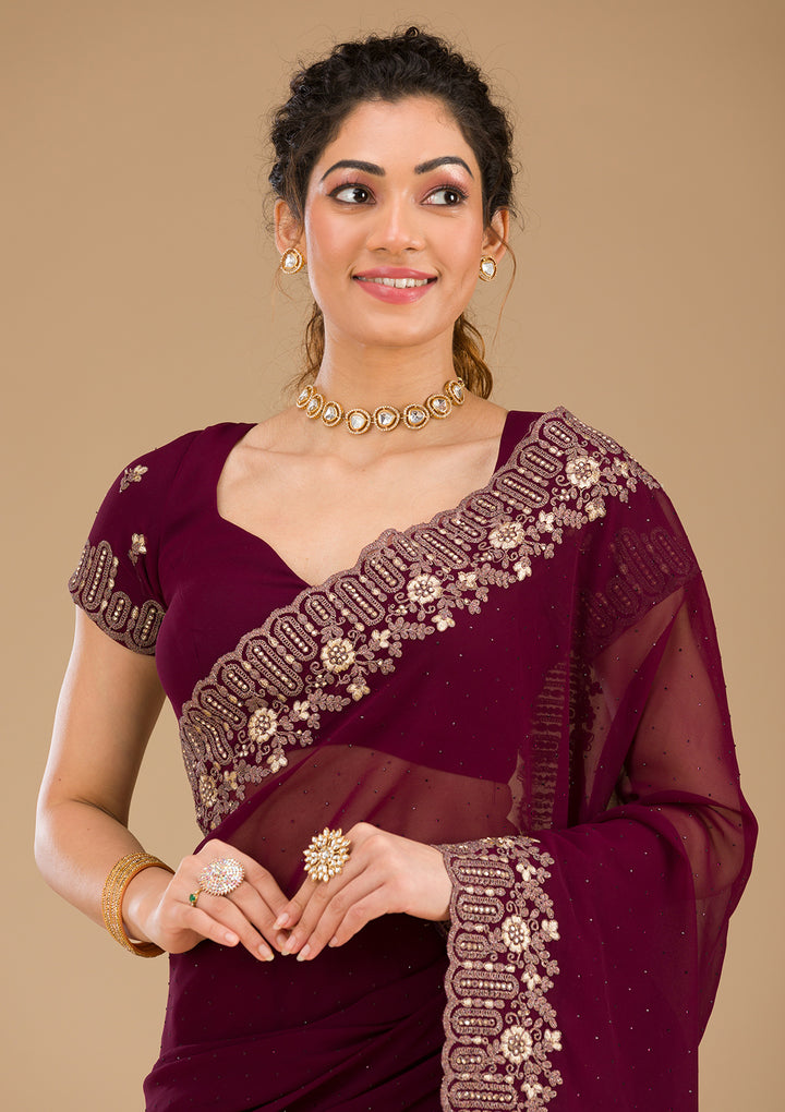 Wine Zariwork Georgette Saree-Koskii