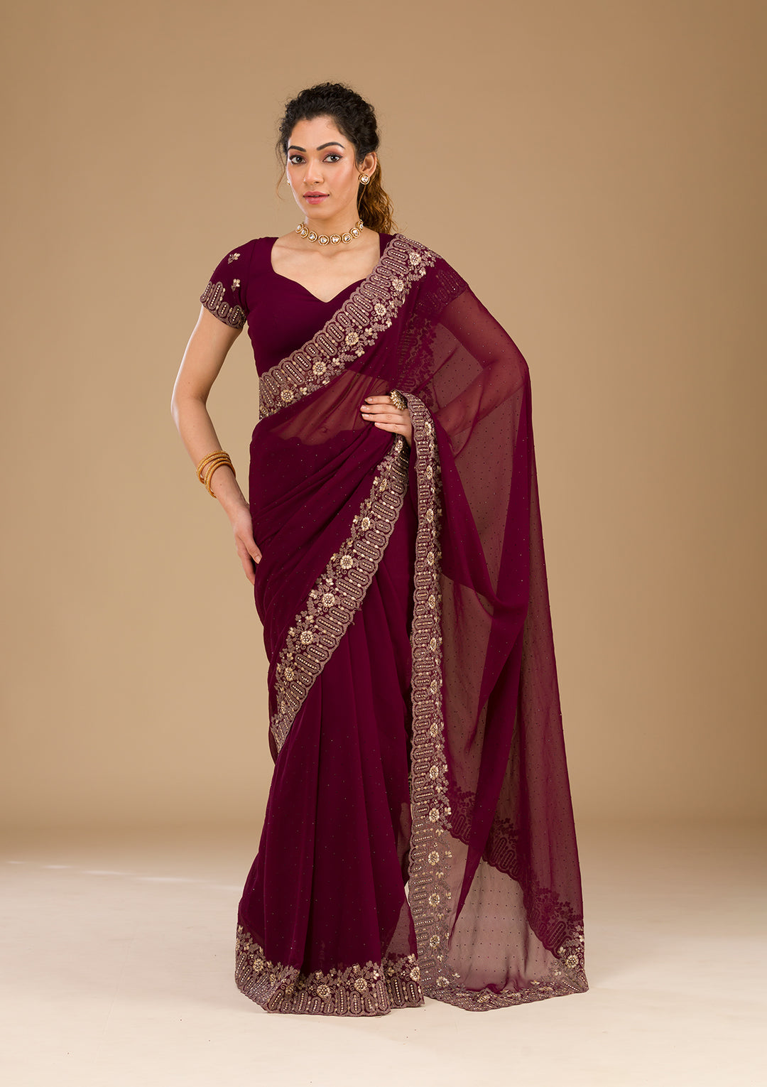 Wine Zariwork Georgette Saree-Koskii