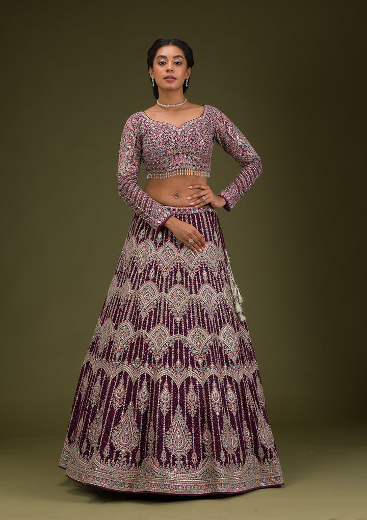 Wine Zariwork Net Readymade Lehenga