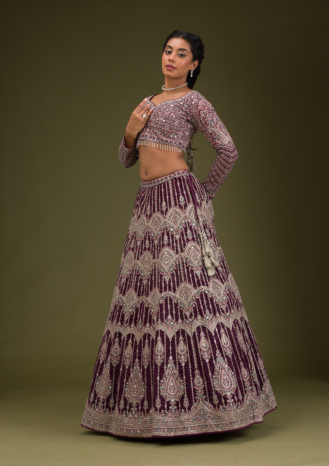 Wine Zariwork Net Readymade Lehenga