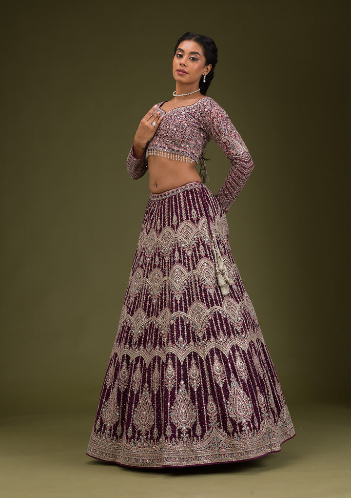 Wine Zariwork Net Readymade Lehenga