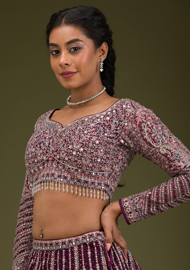 Wine Zariwork Net Readymade Lehenga