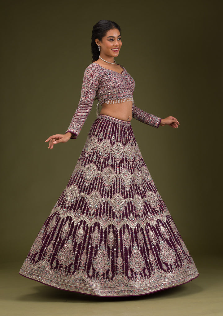 Wine Zariwork Net Readymade Lehenga
