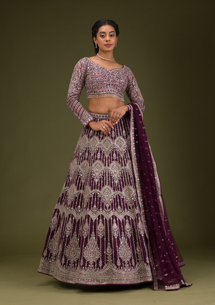 Wine Zariwork Net Readymade Lehenga