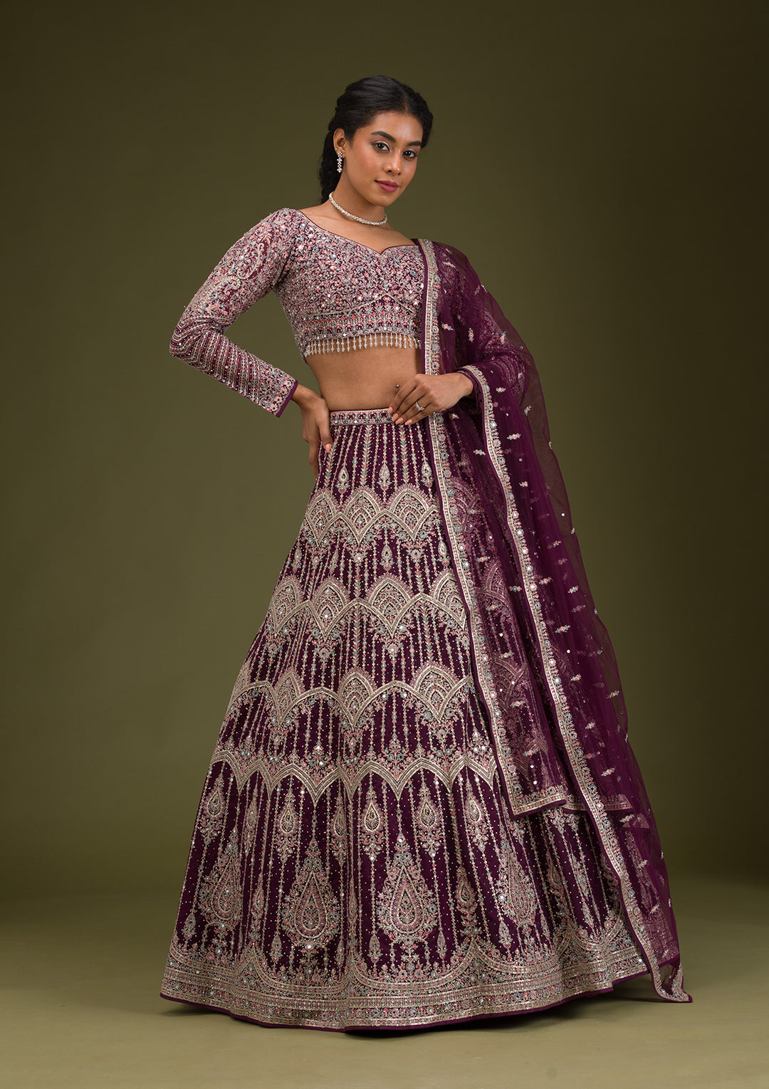 Wine Zariwork Net Readymade Lehenga