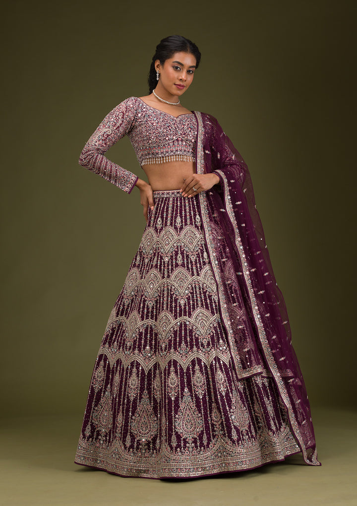 Wine Zariwork Net Readymade Lehenga
